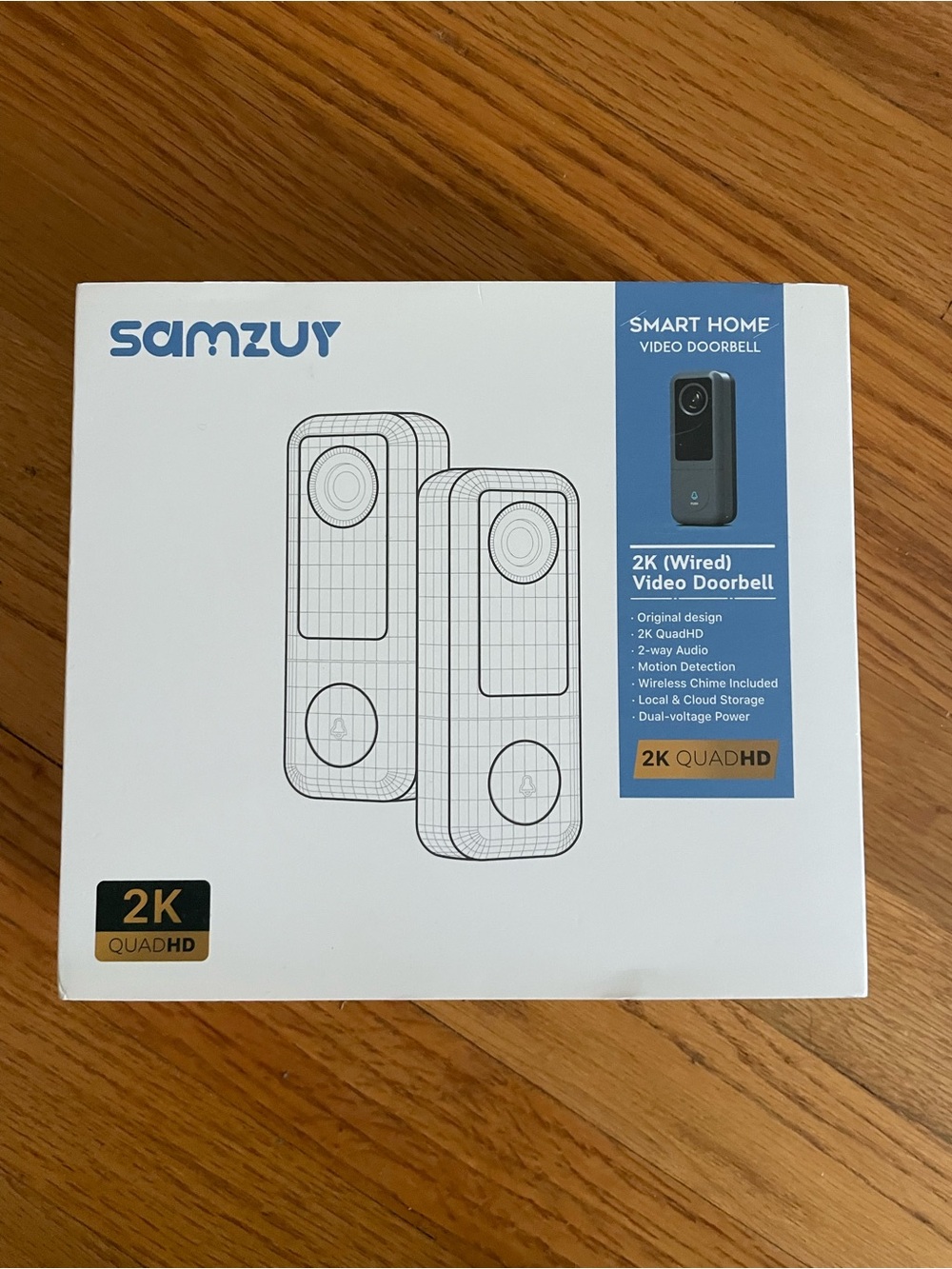 Samzuy 2K Wired Smart Home Video Doorbell - White/Blue
